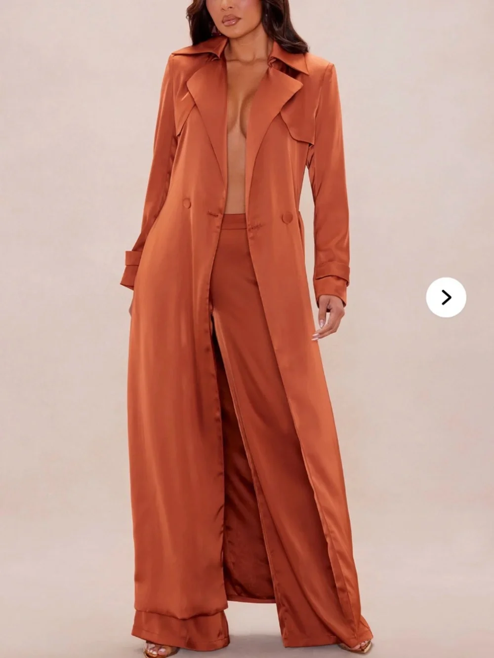 Matching burnt orange trench coat and pants set